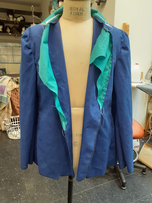 Spring 2021: Process Photo: Jacket created by altering an existing pattern to fit the design rendering; Design by Miriam Patterson