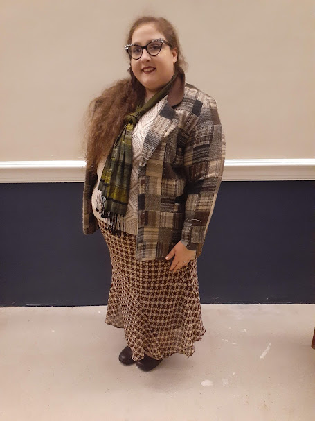 Fall 2021: Jacket and skirt altered, thrifted pieces taken out to fit for a Halloween costume of Blathers from Animal Crossing; Designed by myself