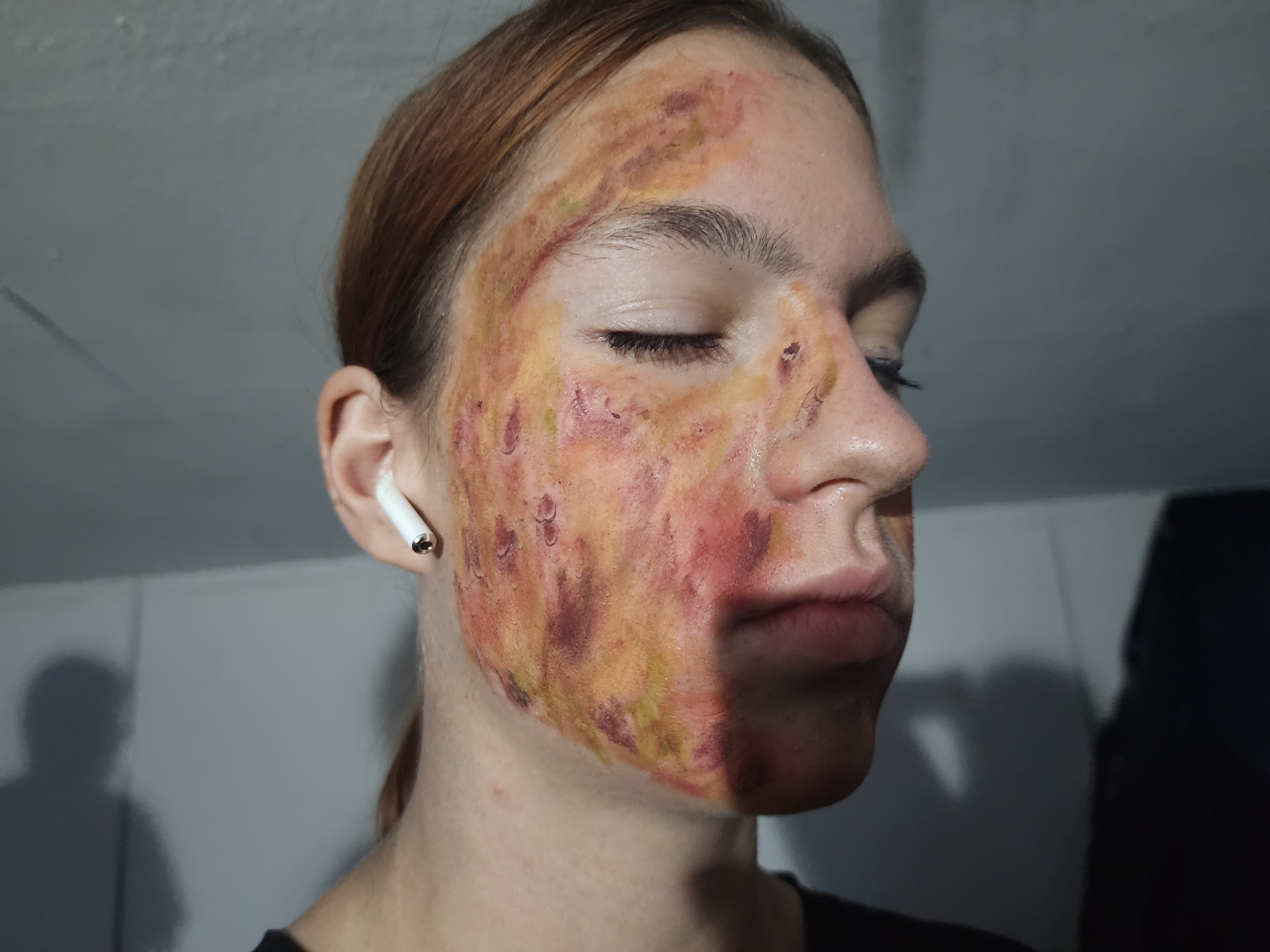 Diseased skin look created with liquid latex and a bruise wheel